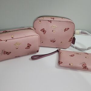 Coach Pink Butterfly Print Women's Bag Set Crossbody, Wristlet, Makeup Bag